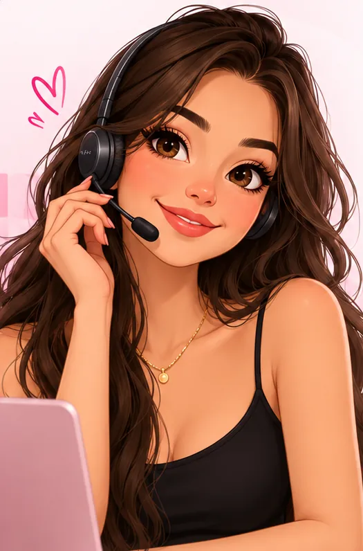 Ilustração de uma vendedora com cabelos soltos, fone e microfone