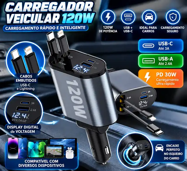 Carregador Veicular Turbo 120w Fornecedor de Atacado para Lojista Revenda Caixa