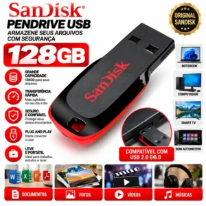Pen Drive USB SanDisk 128GB Fornecedor de Atacado para Lojista Revenda Caixa