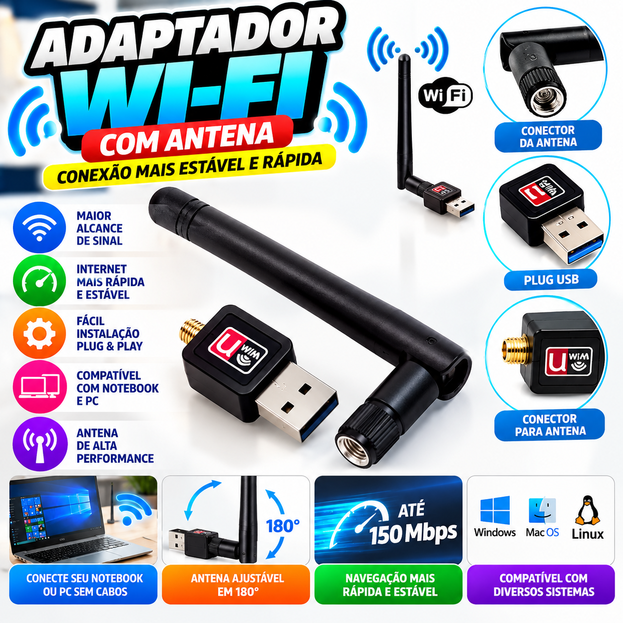 Adaptador Wi-Fi com Antena Fornecedor de Atacado para Lojista Revenda Caixa