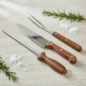 Conjunto de Churrasco com Faca, Garfo e Chaira Amolador com Cabo de Madeira Fornecedor de Atacado para Lojista Revenda Caixa Fechada