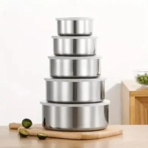 Conjunto de Tigelas Potes de Inox com Tampa – 5 peças Fornecedor de Atacado para Lojista Revenda Caixa Fechada