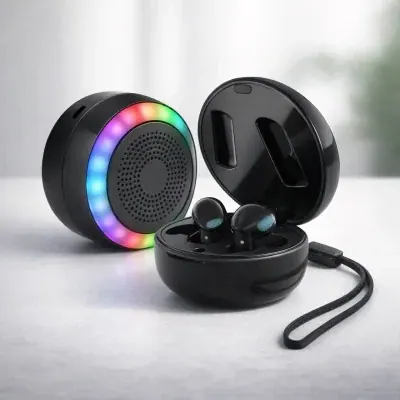 Fone Bluetooth 2 em 1 com Case Caixa de Som LED RGB USB-C Fornecedor de Atacado para Lojista Revenda Caixa Fechada
