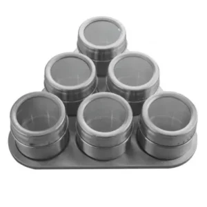 Porta Condimento Inox Magnético – 6 potes com Imã em Base Triângulo Fornecedor de Atacado para Lojista Revenda Caixa Fechada