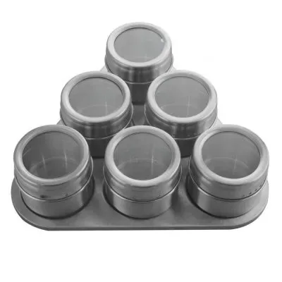 Porta Condimento Inox Magnético – 6 potes com Imã em Base Triângulo Fornecedor de Atacado para Lojista Revenda Caixa Fechada