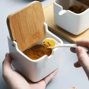 Porta Condimentos Temperos Saleiro Quadrado Em Porcelana Com Tampa De Bambu Fornecedor de Atacado para Lojista Revenda Caixa Fechada