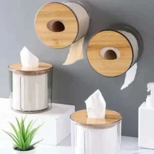 Porta Papel Higiênico Luxo Transparente Com Tampa De Bambu Fornecedor de Atacado para Lojista Revenda Caixa Fechada
