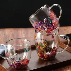 Xícara De Vidro Parede Dupla Com Flor Seca – 350ML Fornecedor de Atacado para Lojista Revenda Caixa Fechada